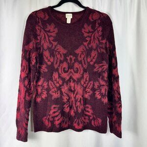 Chico's Burgundy Brocade Chenille Sweater Shimmery Floral L (Chico's 2)